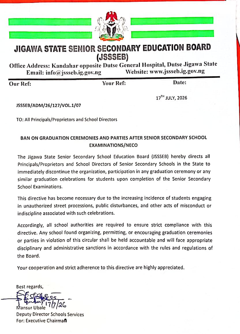 JSSSEB Ta Haramta Bikin Kammala Karatu Bayan Jarabawar Sakandare a Jigawa